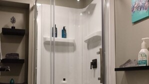 A bathroom with a glass-enclosed shower, a toilet, and shelves with toiletries.