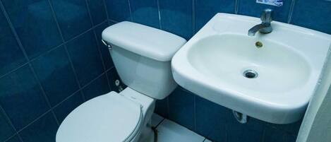 Un baño con inodoro y lavamanos, con azulejos en azul y blanco.