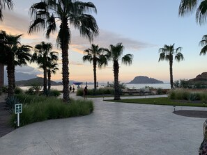 Een verhard pad met palmbomen en uitzicht op zee en bergen.