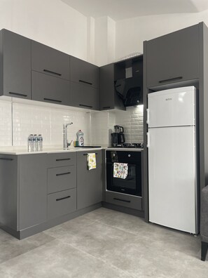 Suite Design | Cuisine privée | Réfrigérateur, four, plaque de cuisson, bouilloire électrique