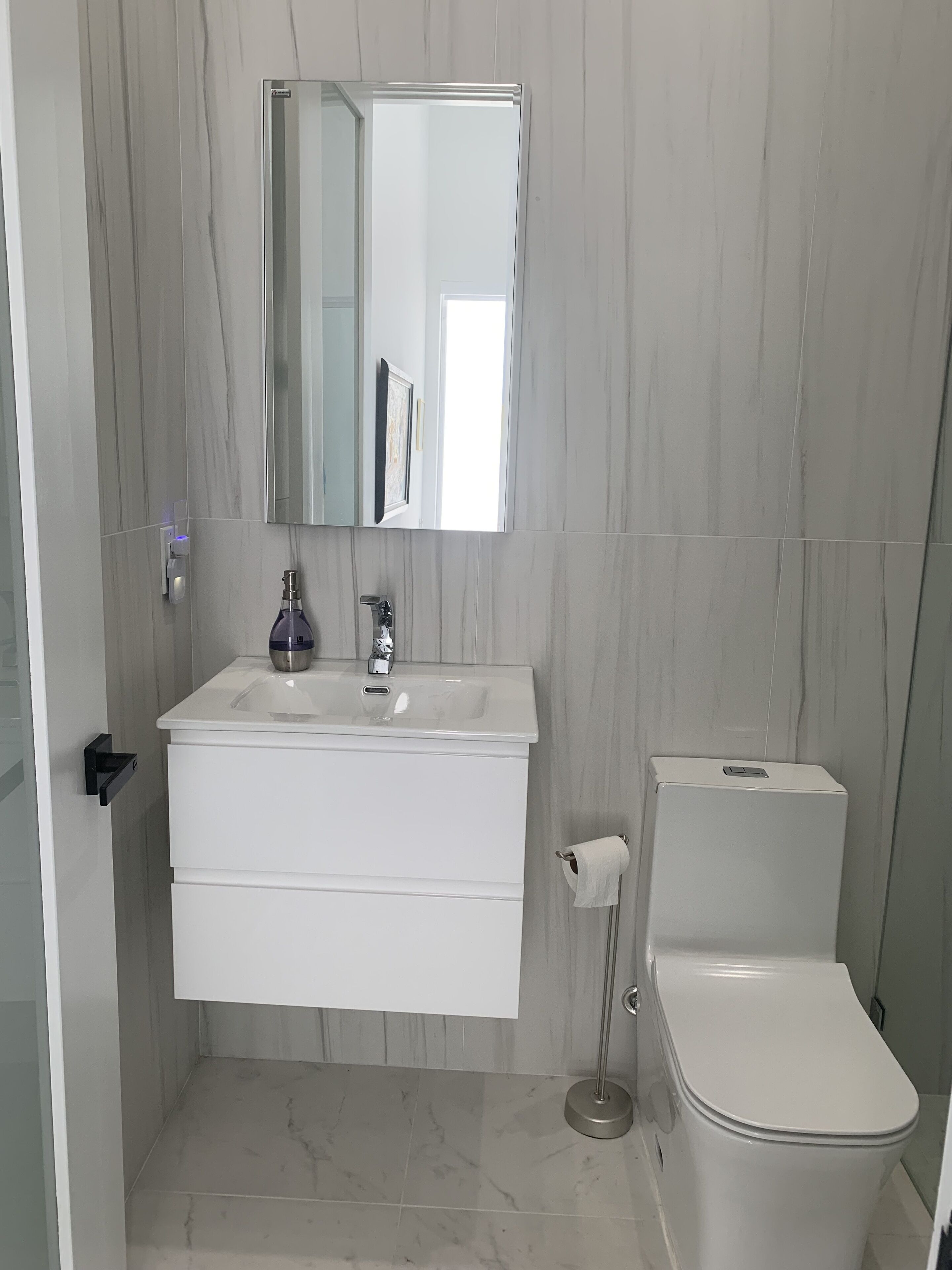 A bathroom with a white vanity, a mirror, a toilet, and a toilet paper holder.