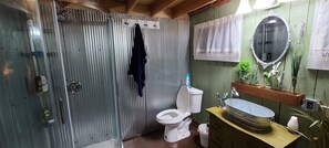 A bathroom with a toilet, a sink with a basin, a mirror, and a shower area. - Wood Haven Lodge. Secluded, cozy log cabin in Northern Michigan. (South Boardman)