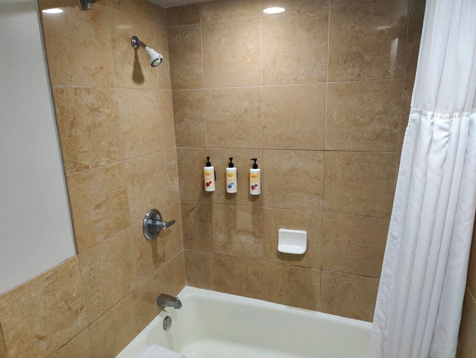 A bathroom with a bathtub, a showerhead, and three bottles of shampoo and conditioner on the wall.