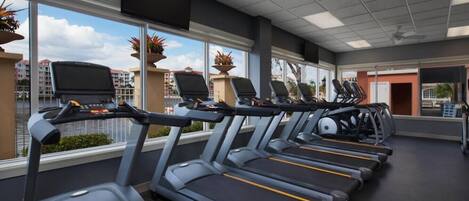 A gym with treadmills aligned in rows, large windows with views of buildings, and potted plants on the windowsills.