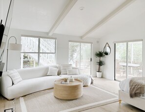 Smart TV, fireplace, books, stereo