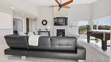 TV, fireplace, foosball, offices