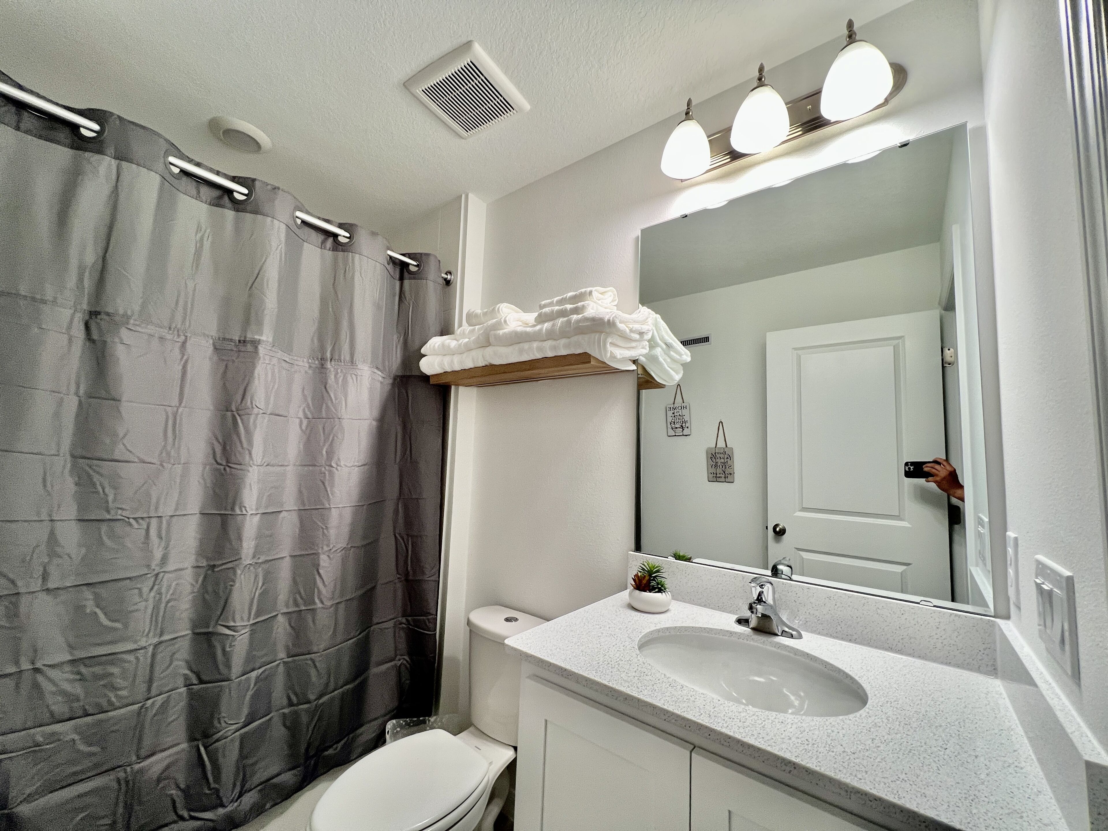 A bathroom with a shower curtain, a toilet, a sink, and a mirror.