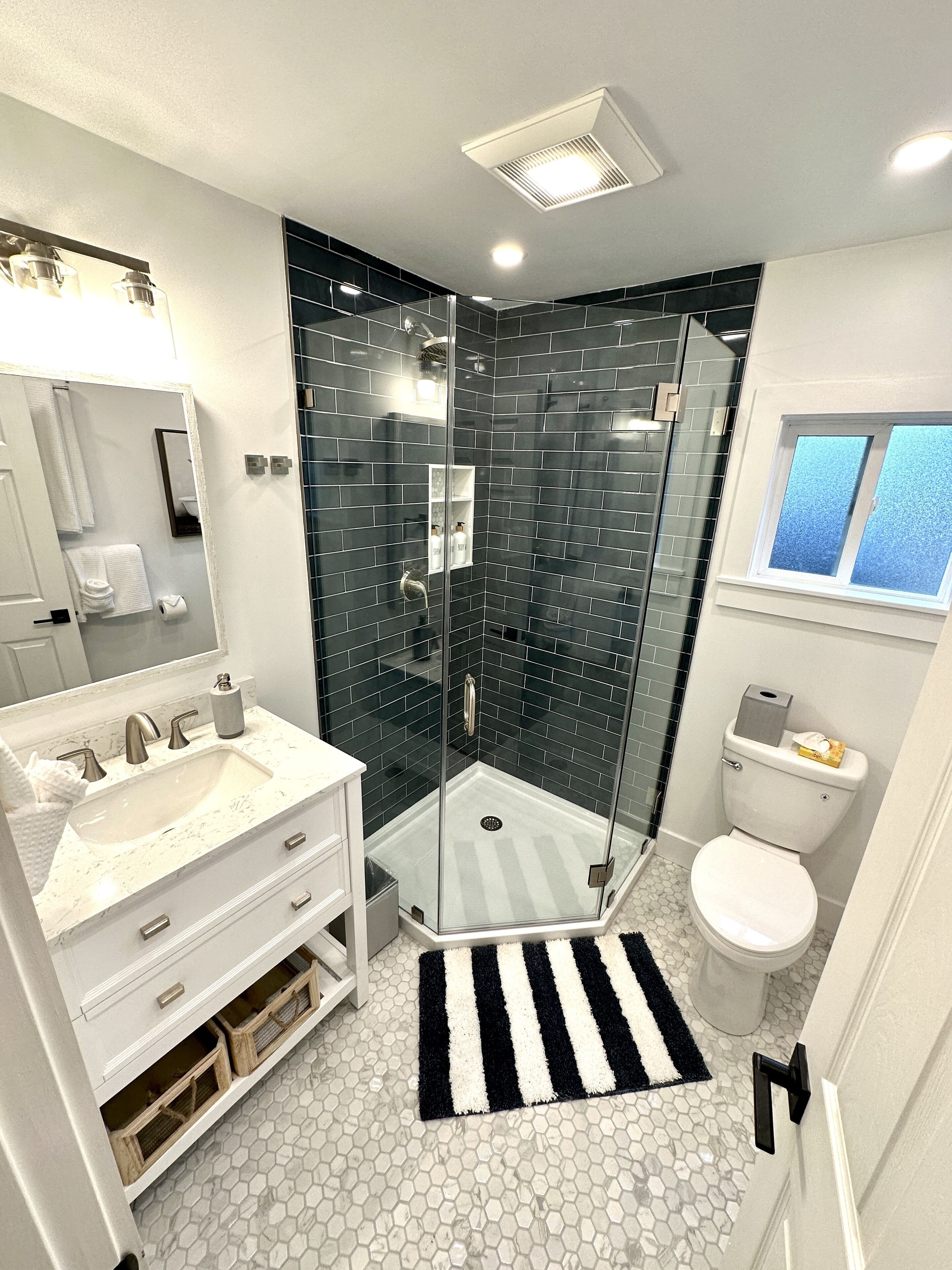 Hair dryer, towels, soap, shampoo