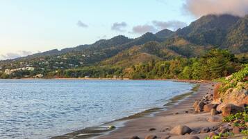 Plage, sable noir, plongée sous-marine, snorkeling