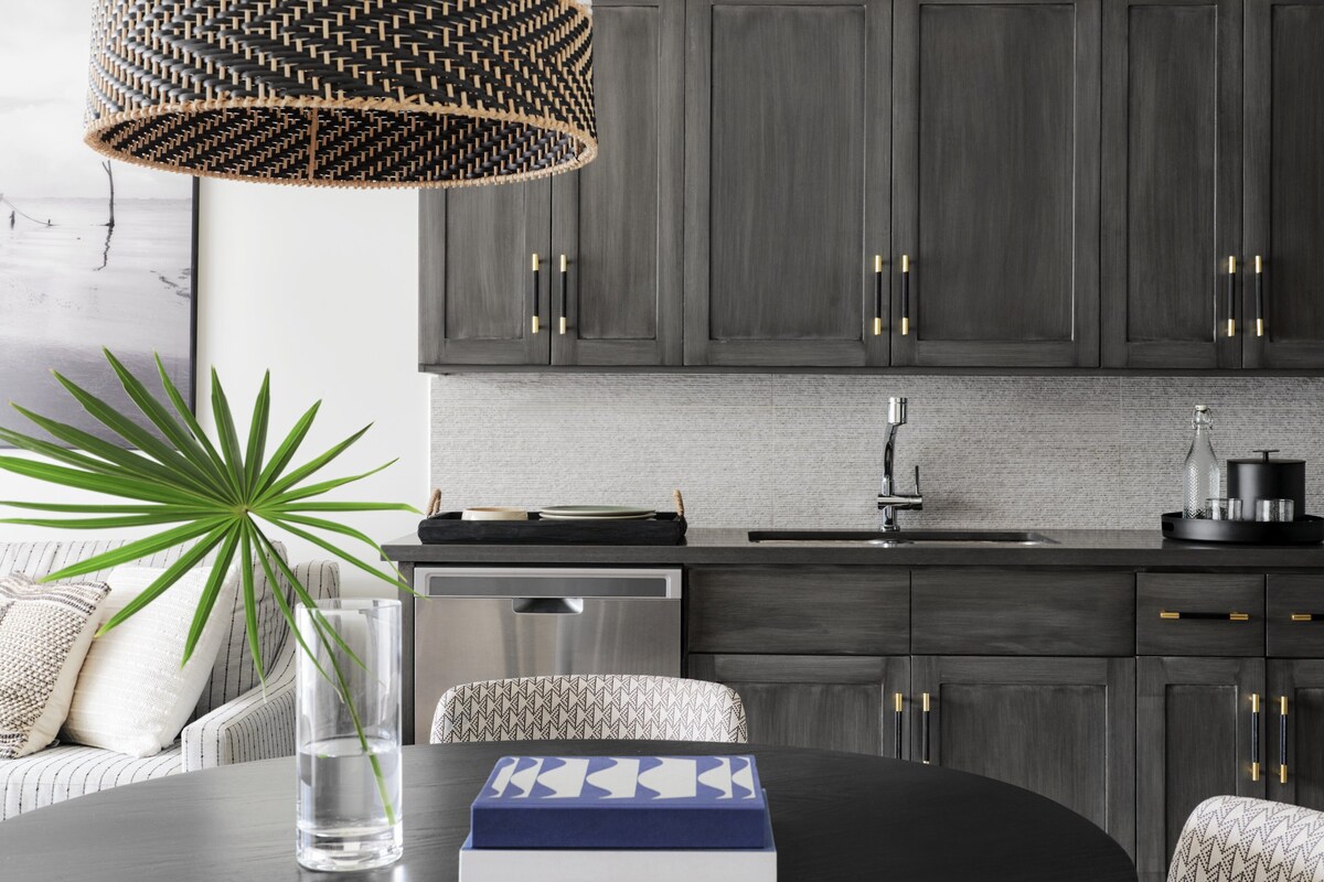 A modern kitchen with dark wood cabinets, a stainless steel dishwasher, and a black countertop.