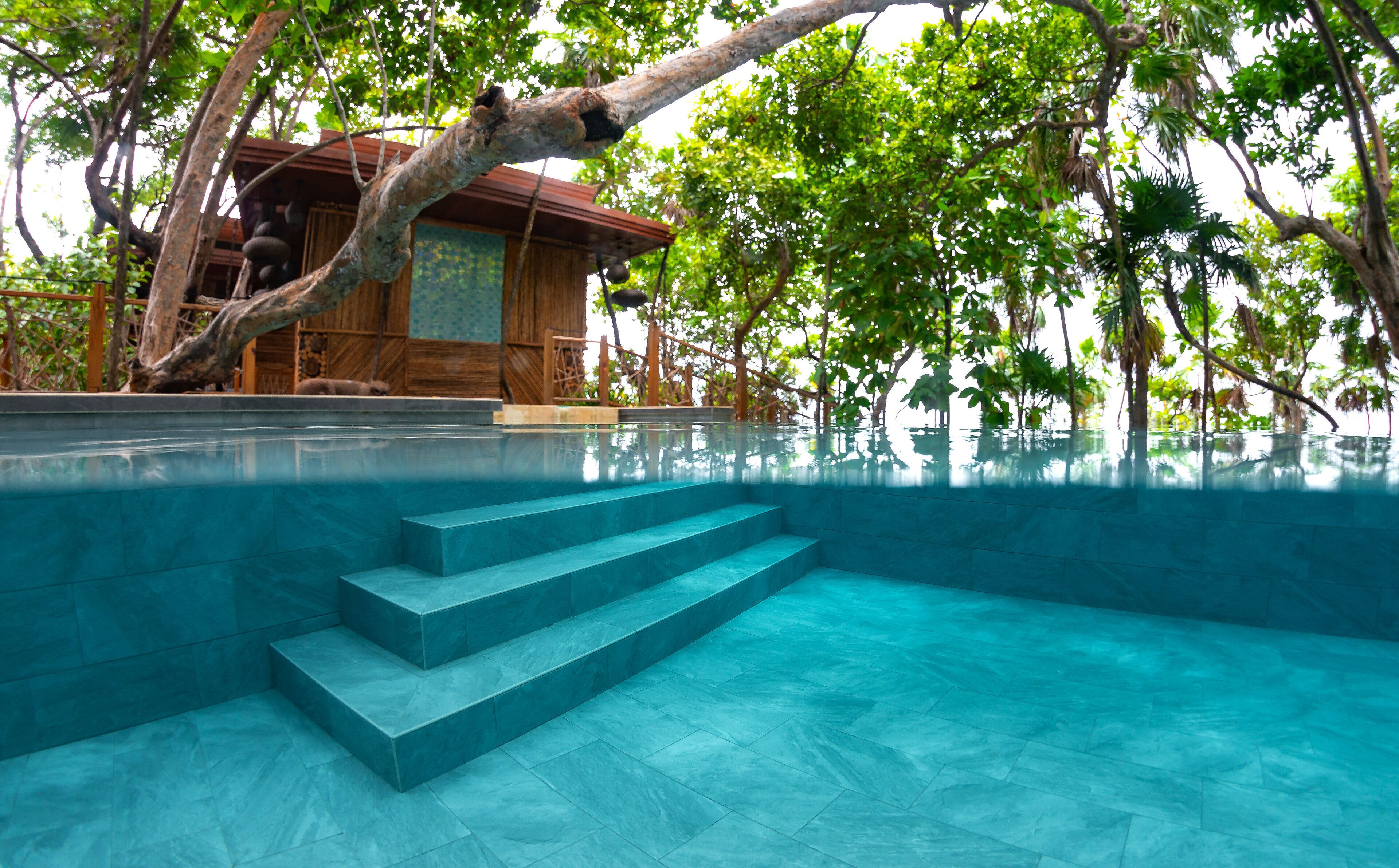 Piscina azul clara con escalones para entrar, rodeada de exuberante follaje y una estructura de madera.