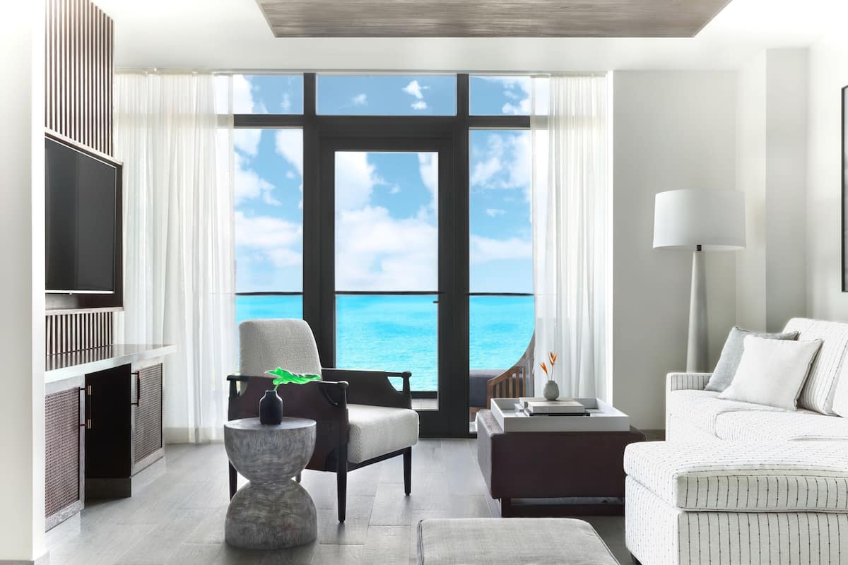 A modern hotel room with a large window offering a view of the ocean.