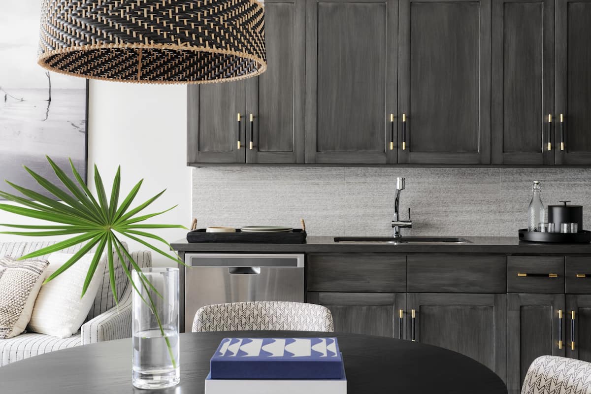 A modern kitchen with dark wood cabinets, a stainless steel dishwasher, and a black countertop.