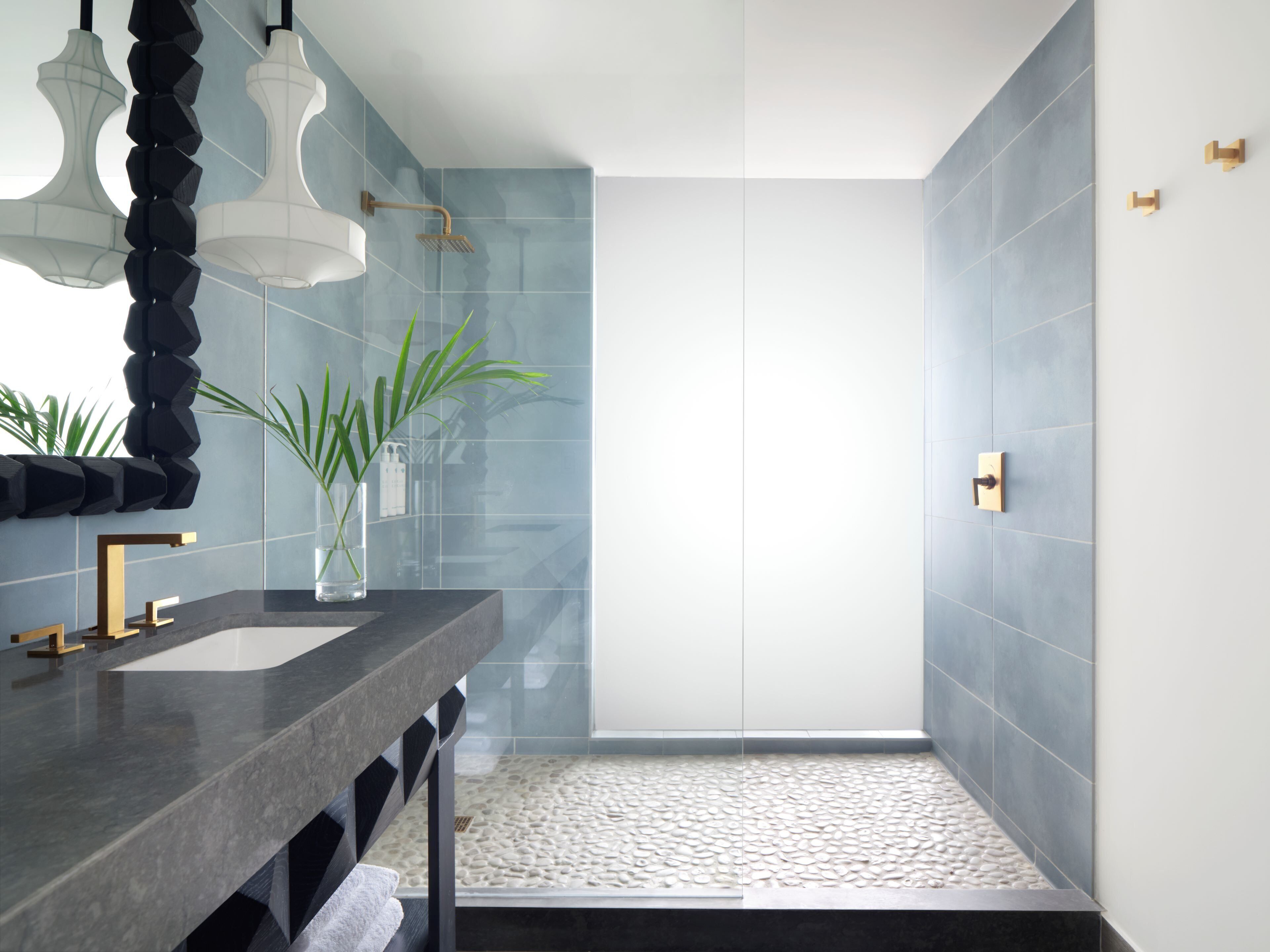 Une salle de bain moderne avec un plan de toilette foncé, une douche en verre et une plante posée sur le meuble-lavabo.