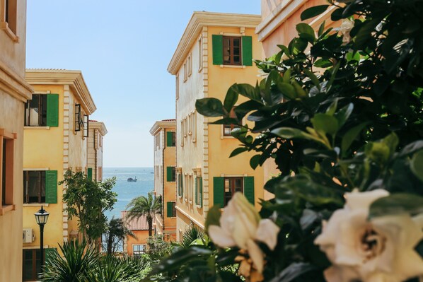 Filas de edificios amarillos con contraventanas verdes, vista despejada al mar y exuberante vegetación en primer plano.