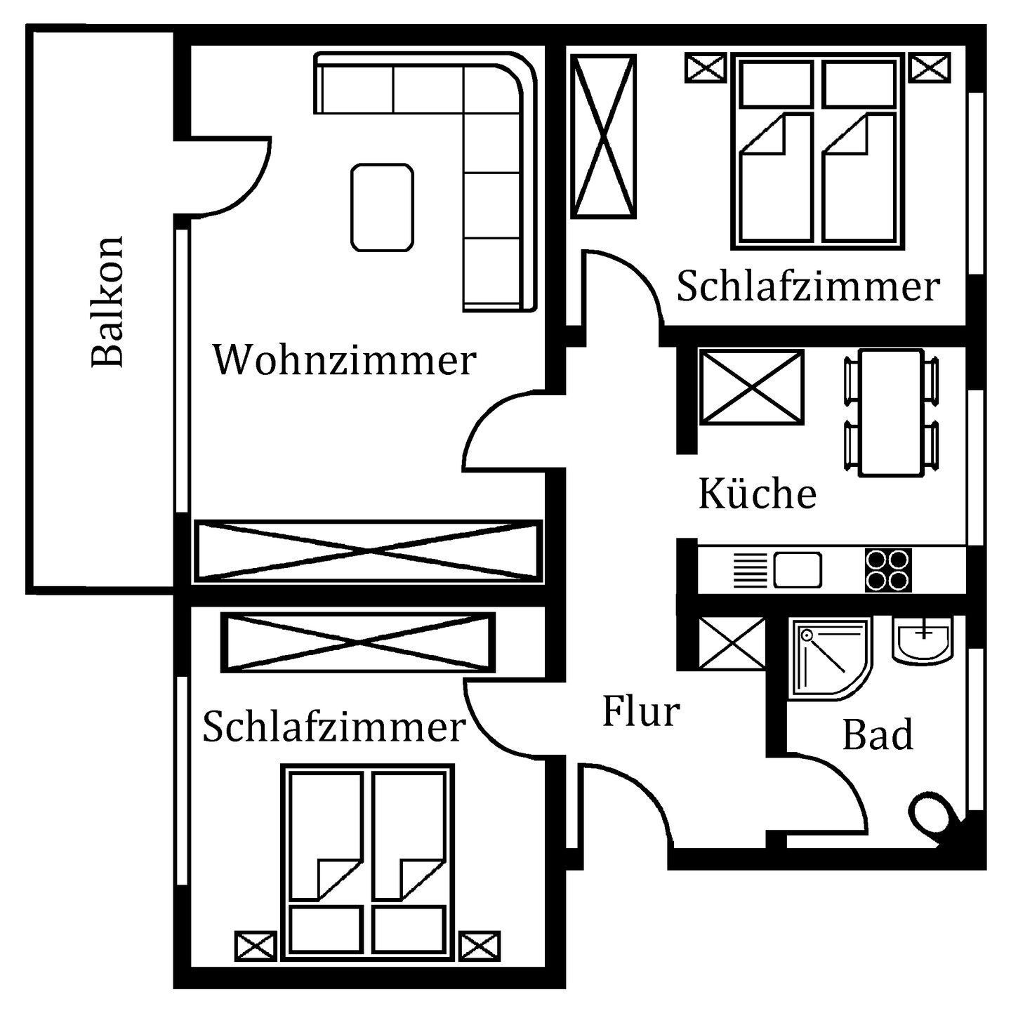 Ein Grundriss mit Balkon, Wohnzimmer, zwei Schlafzimmern, einer Küche, einem Badezimmer und einem Essbereich.