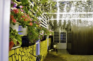 Enter a serene space with a room featuring a white door, potted plants, and a hanging light fixture.