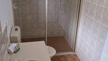 Un baño con ducha, inodoro y lavamanos.