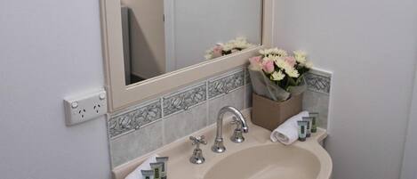 Un baño con lavamanos, espejo y dispensador de papel higiénico.