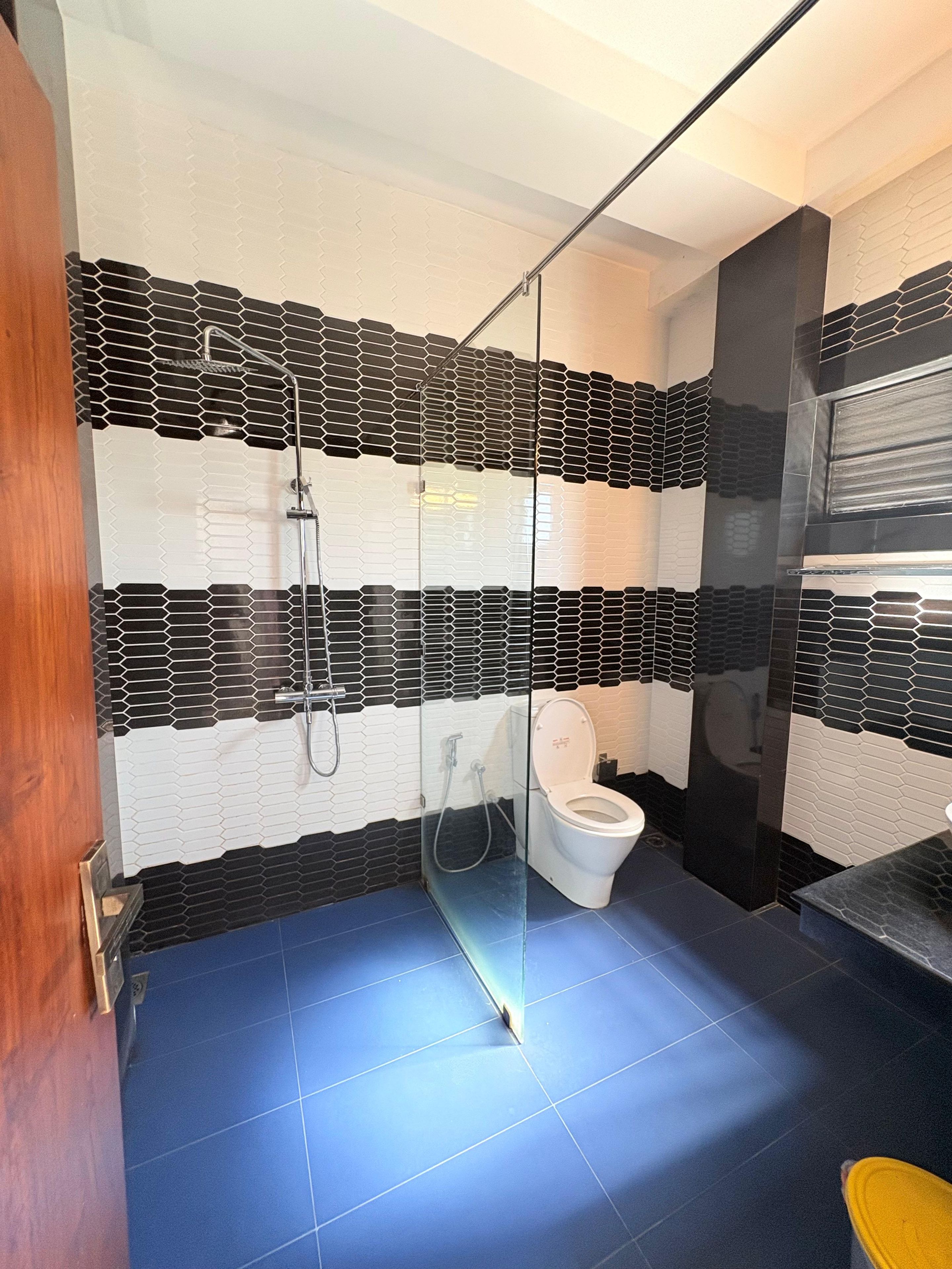 Une salle de bain moderne avec une douche à parois de verre, des toilettes et un lavabo.