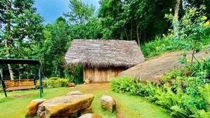 Eine rustikale Hütte mit einem Reetdach, umgeben von einem üppigen Garten mit großen Steinen und Farne.