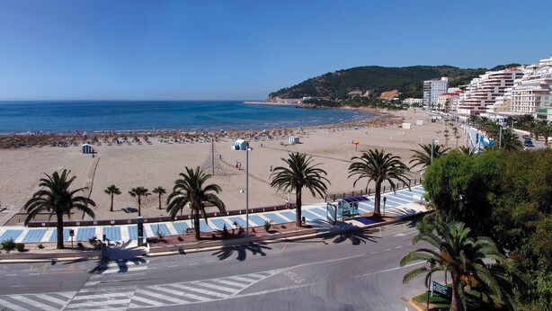 A beach with palm trees, a parking area, and a road leading to a building with multiple floors. - Apartamentos Oropesa sin Piscina 3000 (Oropesa del Mar)