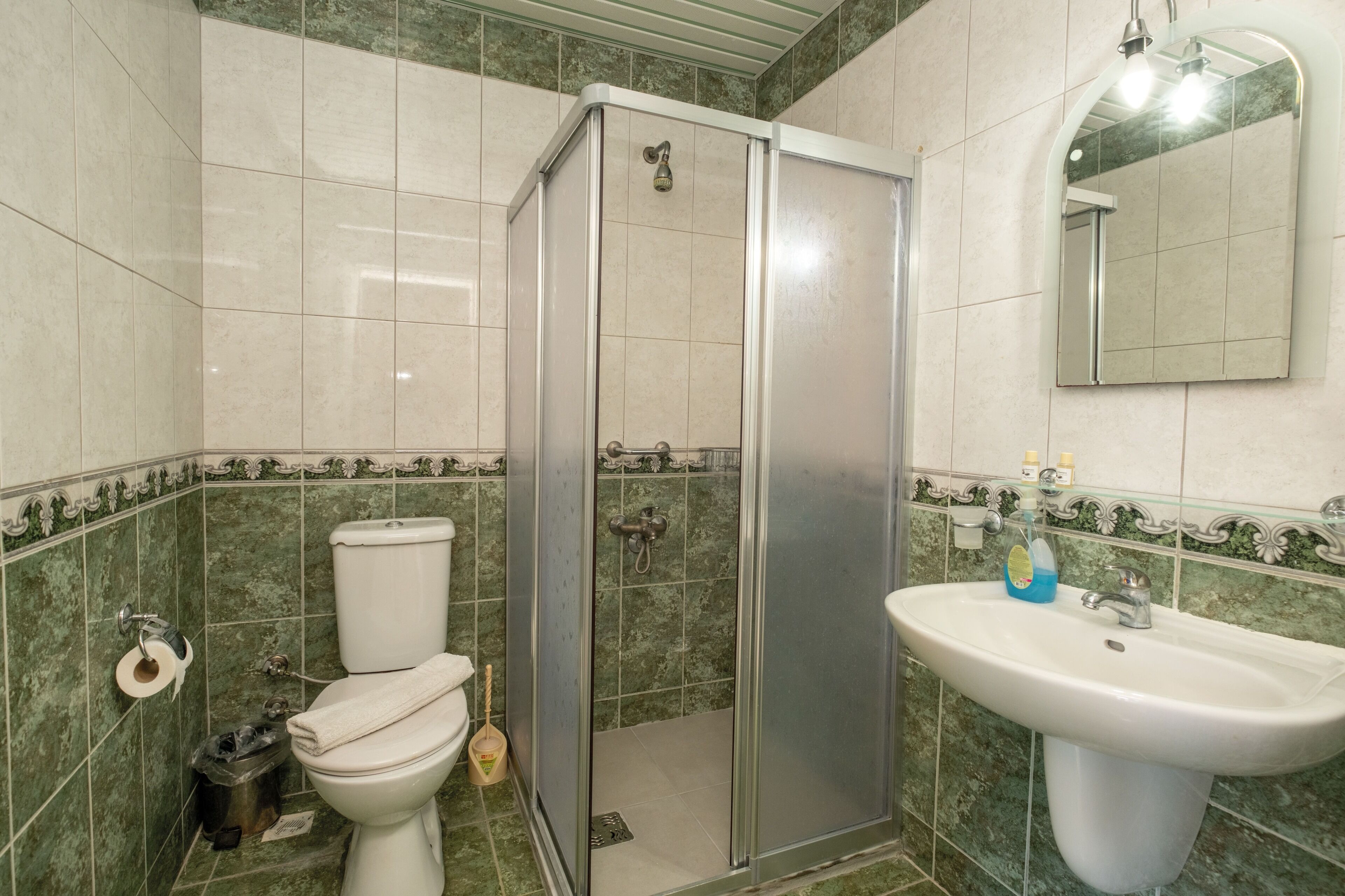 A bathroom with a toilet, a shower enclosure, and a sink.