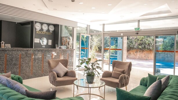 A reception area with a reception desk, two armchairs, a green sofa, a glass coffee table, and a potted plant.