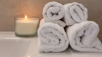 Hair dryer, bidet, towels, soap