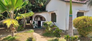 Un bâtiment blanc, doté d’un toit en tuiles, entouré d’une végétation luxuriante comprenant des palmiers et des arbustes.