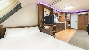 Un dormitorio con cama, televisión, kitchenette pequeña y baño.