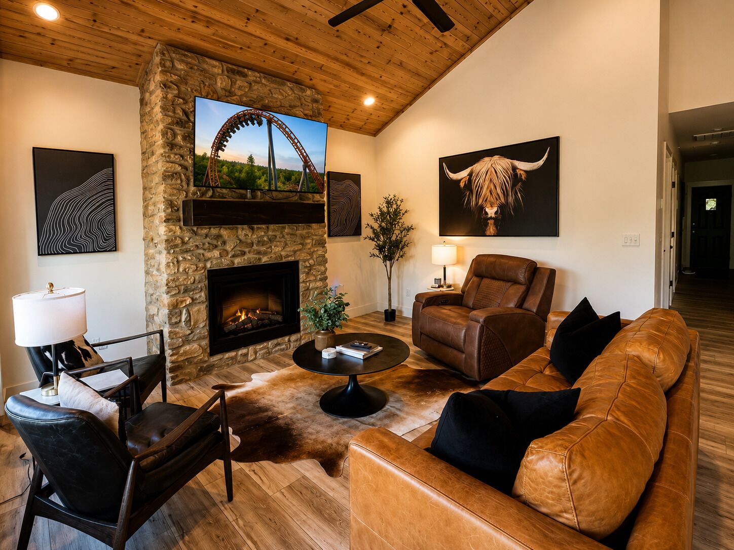 Smart TV, fireplace, video games, table football