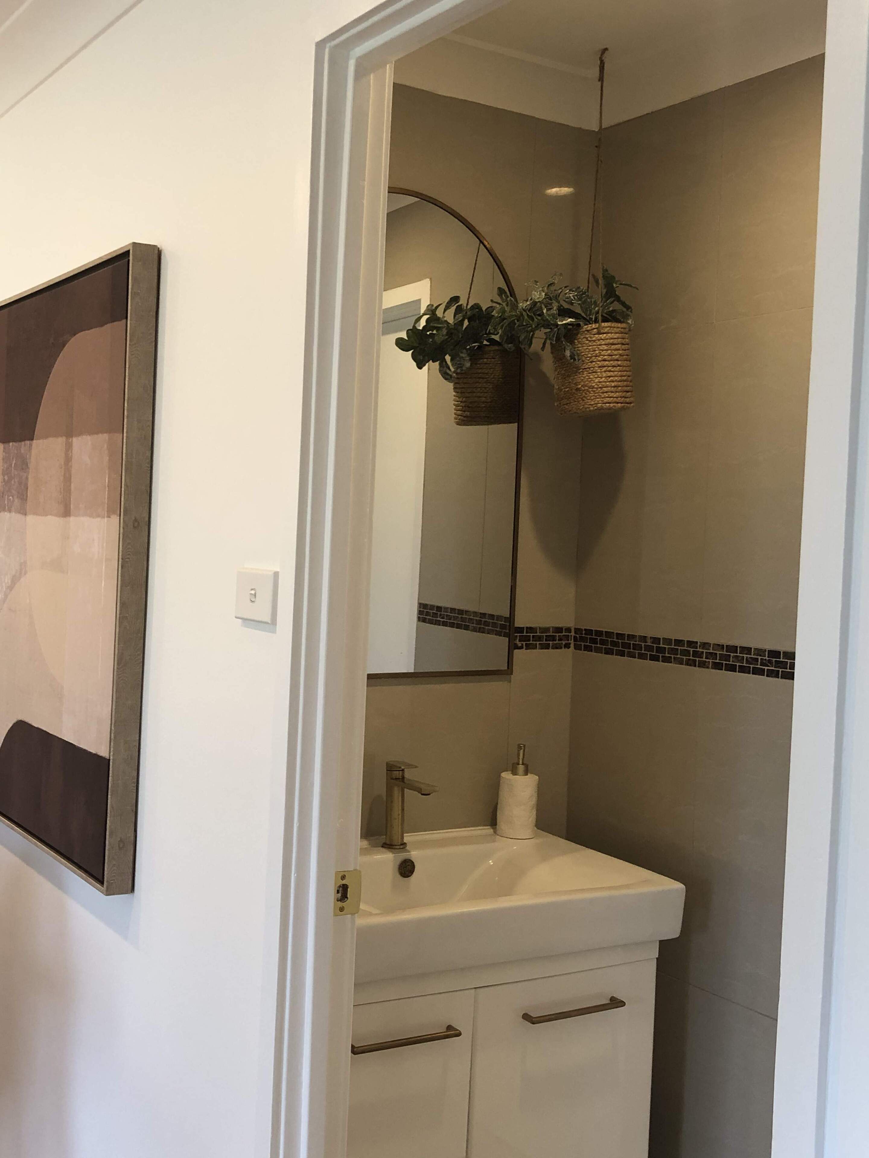 A bathroom with a white sink, a mirror, a hanging plant, and a tiled backsplash.