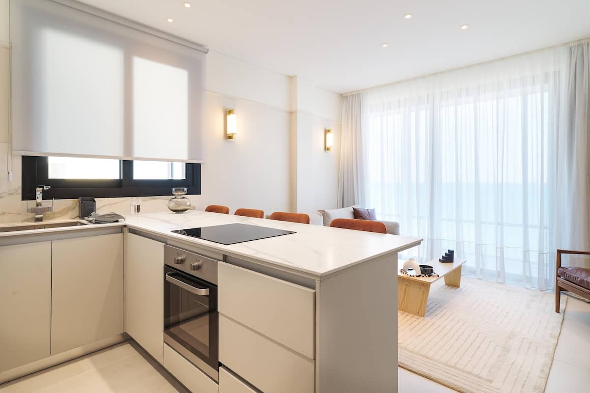 Cocina privada | Frigorífico grande, microondas, horno y placa de cocina