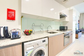 Fridge, microwave, oven, toaster