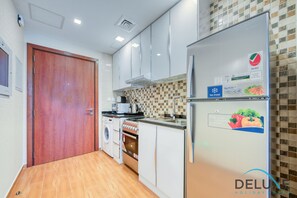 Fridge, microwave, oven, toaster