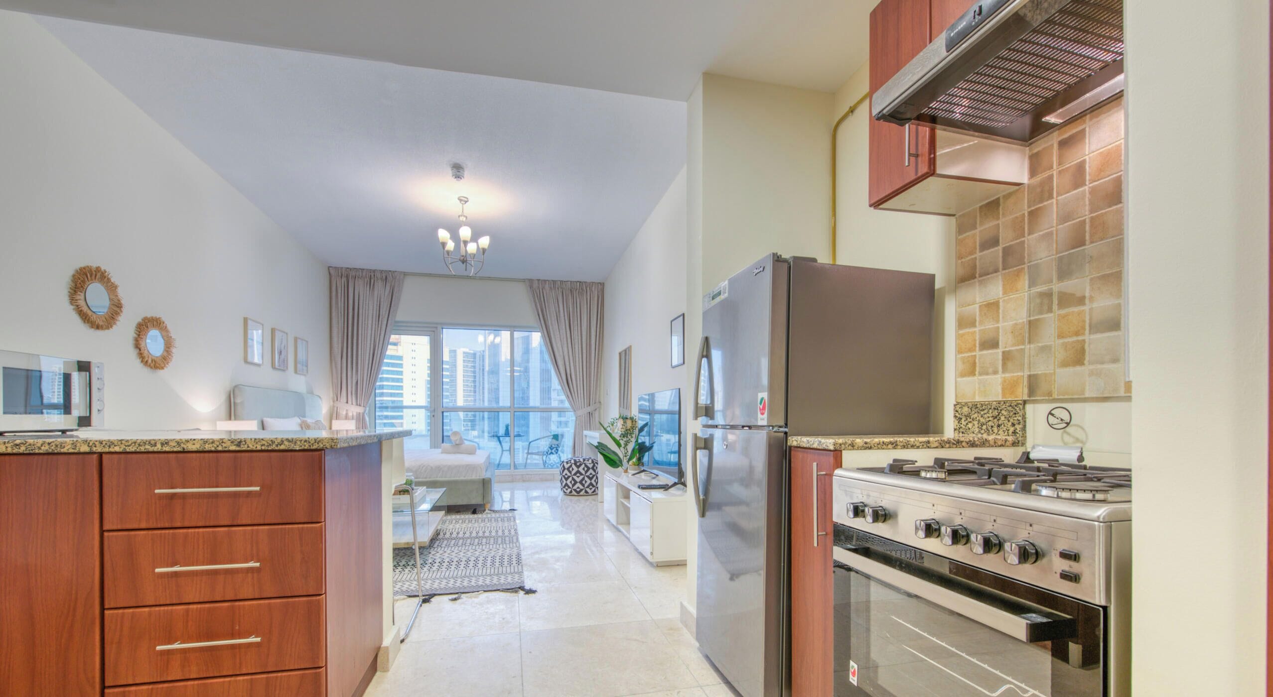 Fridge, microwave, oven, electric kettle