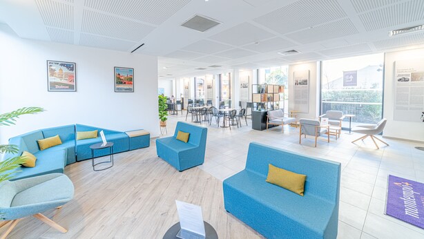 Een modern interieur met blauwe banken, een houten vloer en een groot raam dat voor natuurlijk licht zorgt.