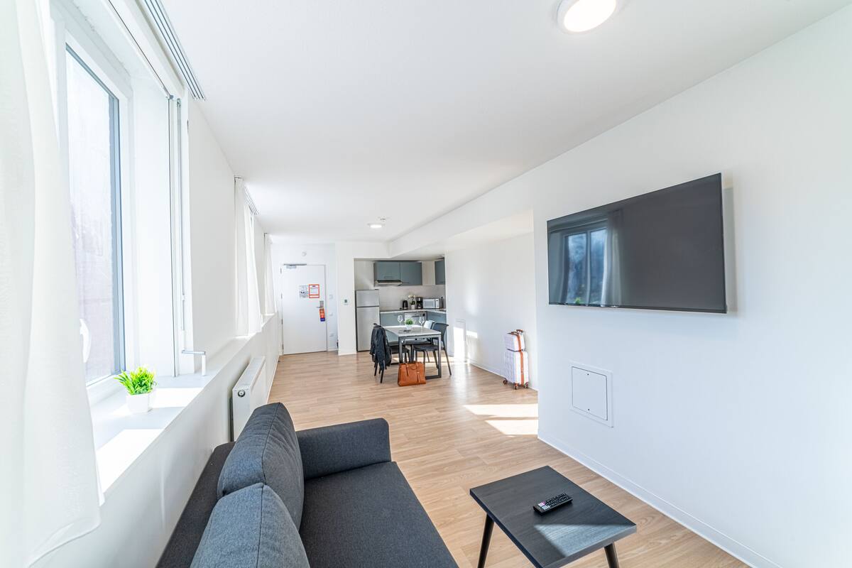 Eine moderne Wohnung mit Wohnzimmer, Küche und Essbereich.