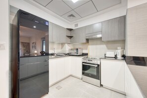 Fridge, microwave, oven, toaster