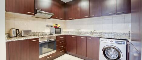 Fridge, microwave, oven, electric kettle