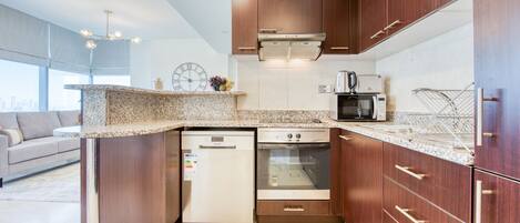 Fridge, microwave, oven, dishwasher