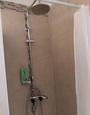 Shower, hair dryer, towels, toilet paper