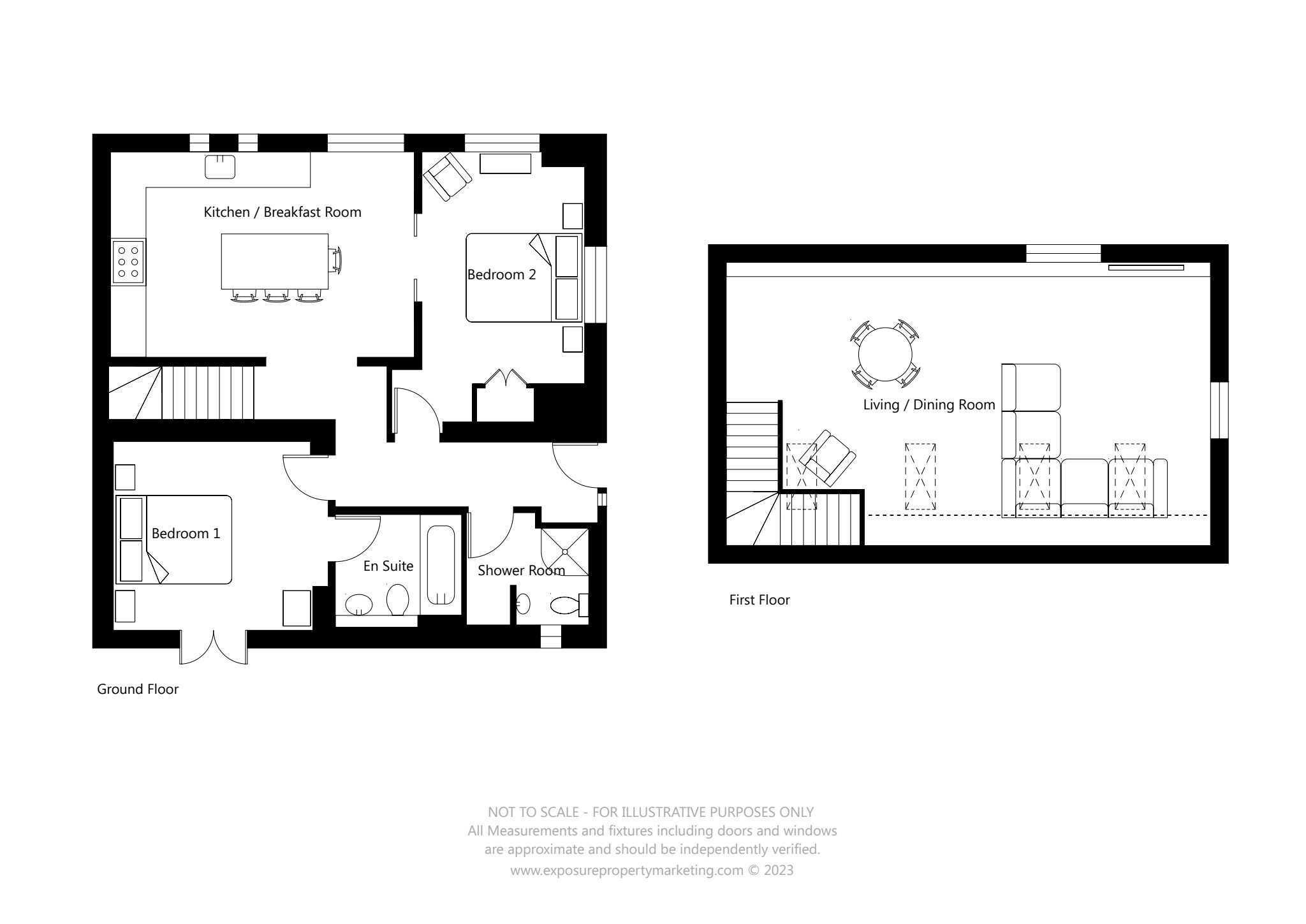 Plano de planta de una propiedad con planta baja y primer piso. La planta baja incluye una cocina, dos dormitorios, un baño y un aseo. El primer piso tiene una sala de estar/comedor.