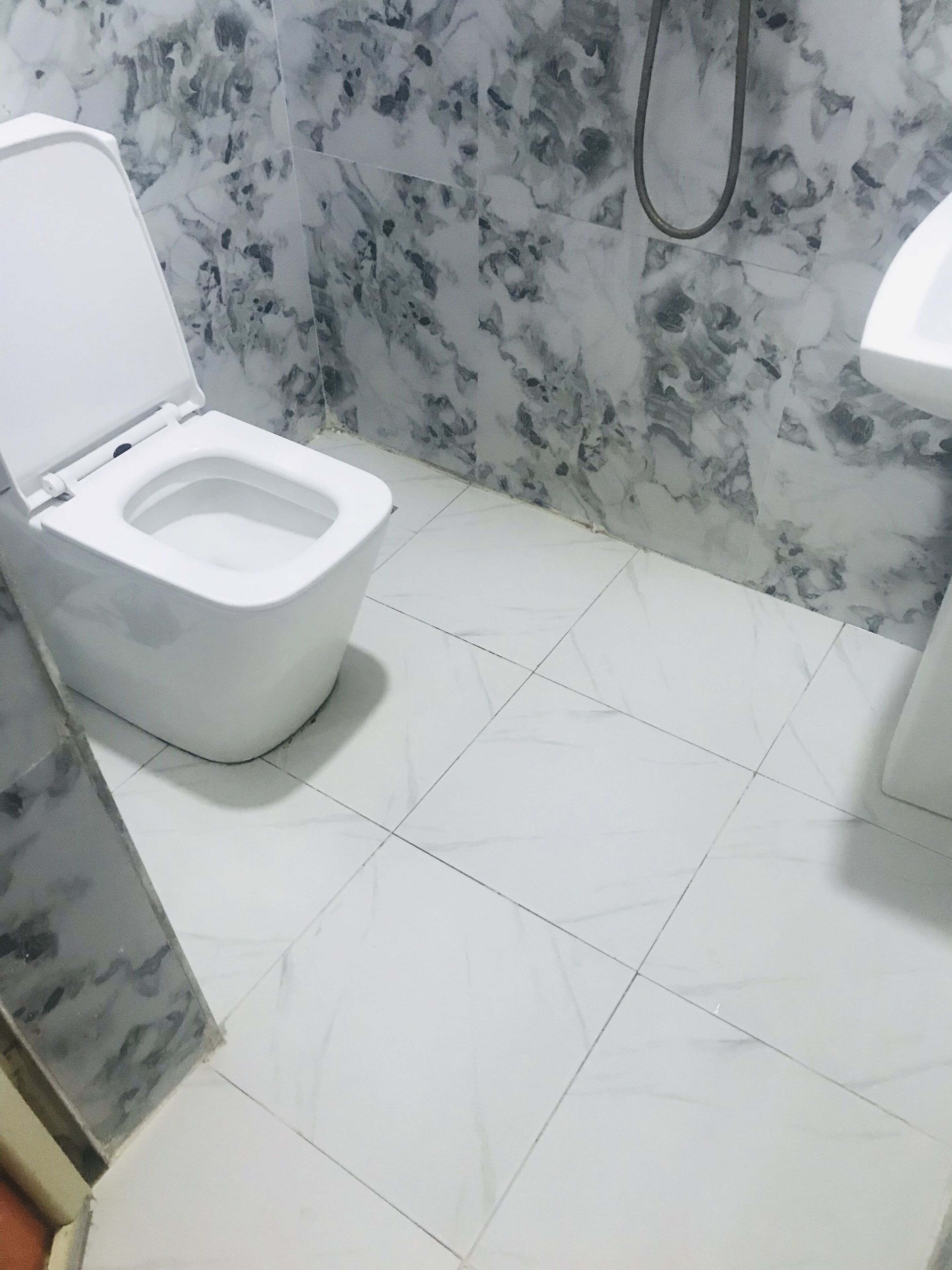 A bathroom with a toilet, a shower, and a sink.