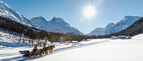 A snowy mountain landscape with a horse-drawn sleigh and a clear blue sky.