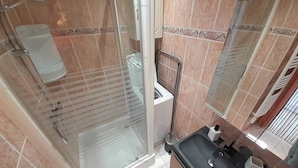 Een badkamer met een douche met glazen wand, een toilet en een wastafel met een zwart aanrecht.