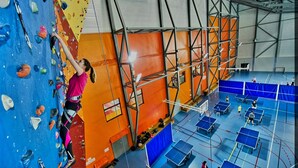 Una pared de escalar con puntos de agarre de colores y un sistema de arnés de seguridad.