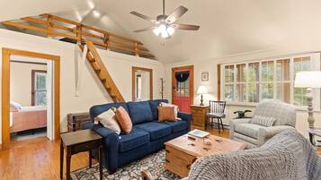 Smart TV, fireplace, books