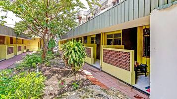 A courtyard with a tree, plants, and a pathway leading to a building with yellow walls and a red gate.